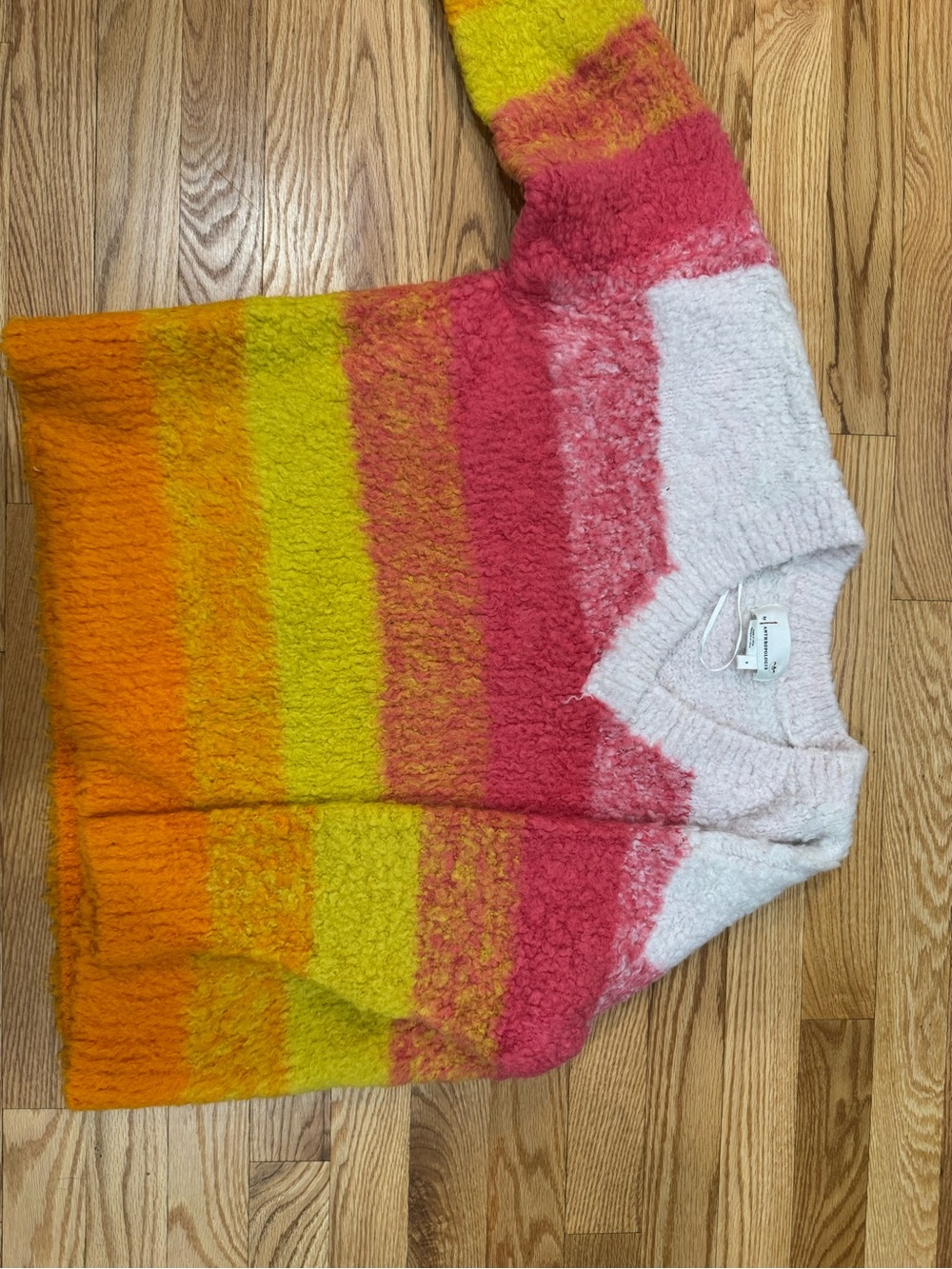 Anthropologie Striped Fuzzy Crew Sweater in Pink, Orange, Yellow & Cream